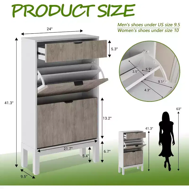 COZONY Flip-Drawer Shoe Cabinet with Fluted Design, Farmhouse Style Slim Shoe Organizer, Freestanding Hidden Shoe Rack for Entryway Hallway