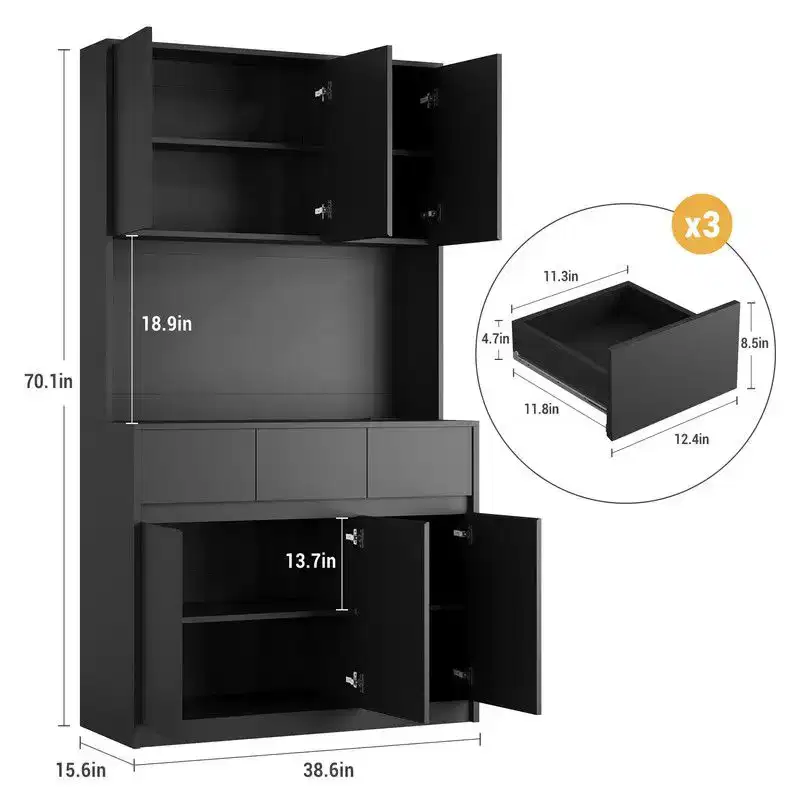 71 inch Kitchen Pantry Cabinet, Hutch Storage with Led Lights and Power Outlets, Buffet Cabinet with Microwave Stand, Adjustable Shelves