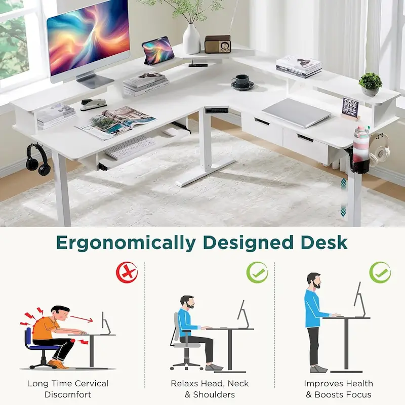 L-Shaped Electric Standing Desk, Height Adjustable, RGB LED, Carbon Fiber Black / Dark Rustic Oak / Antique White, 1-Person
