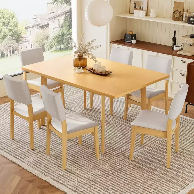 GDFStudio Dalton 7-Piece Modern Dining Set - Rectangular Solid Wood Table & Upholstered Linen Chairs