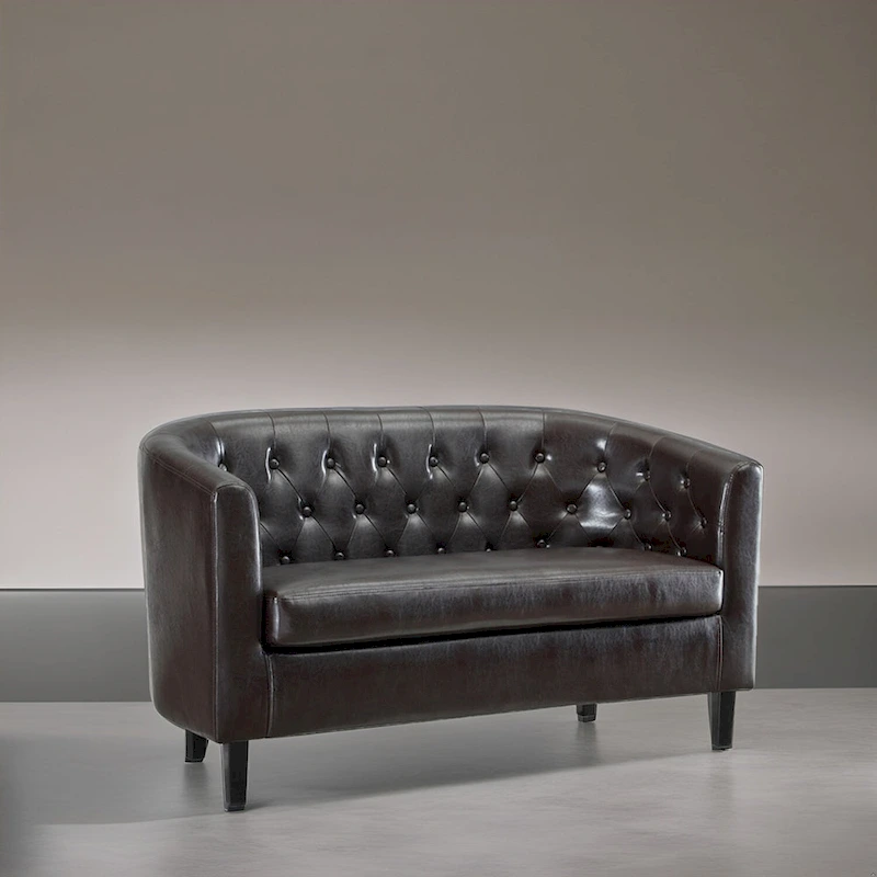 Midcentury Modern Button Tufted Faux Leather Barrel Loveseat - Comfy Tub Loveseat Sofa