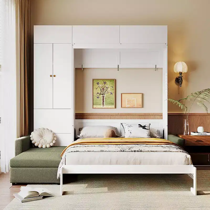 Queen Murphy Wall Bed with Beige Sofa and Shelves, Green Panel
