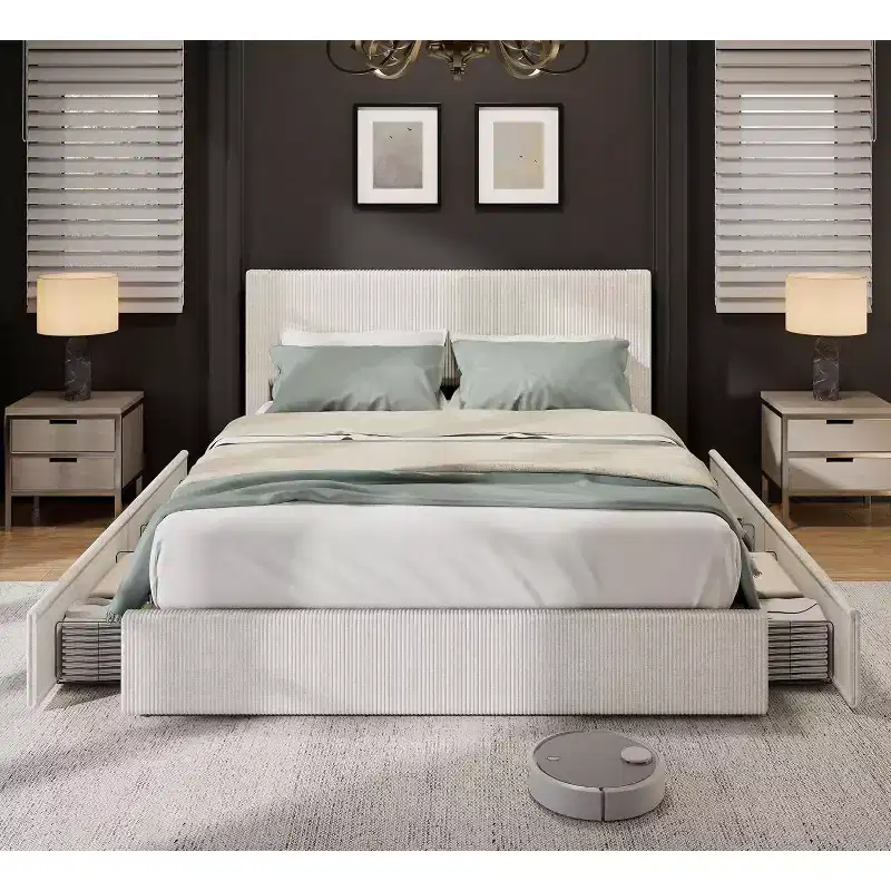 Platform Bed Frame with Tufted Wingback Headboard, Corduroy Upholstered, 4 Storage Drawers, Wooden Slats
