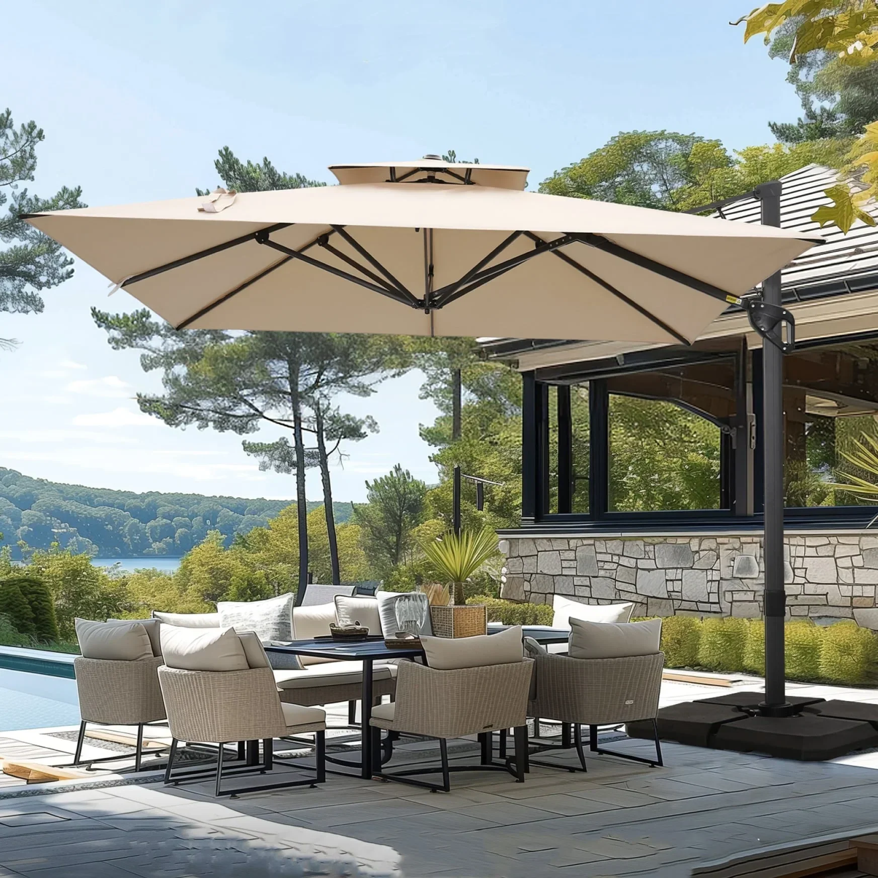 MAISON ARTS 12 FT Automatic Hydraulic Cantilever Umbrella Aluminum Pole 360 Degree Rotation