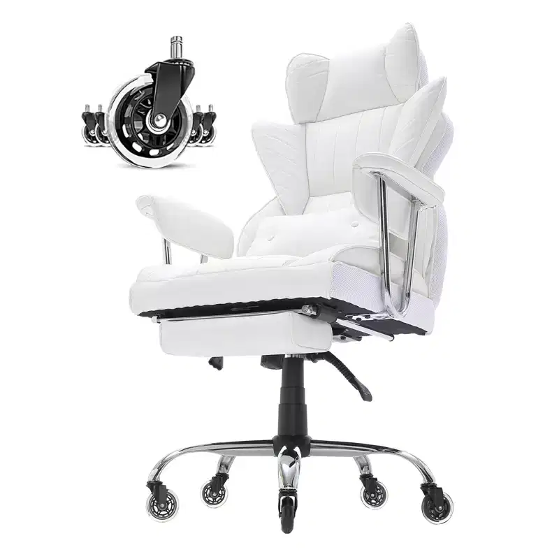 VEVOR Reclining Office Chair with Footrest, Heavy Duty PU Leather Wide Office Chair, Big and Tall Executive Office Chairs with Lumbar Support, White