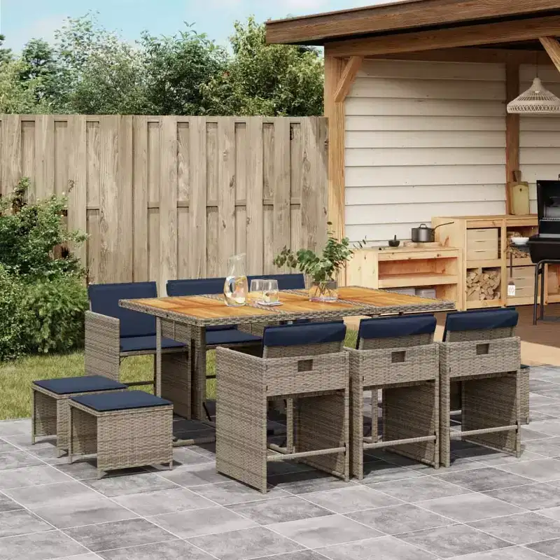 vidaXL Patio Dining Set of 10 Grey PE Rattan 11 Pieces Foldable
