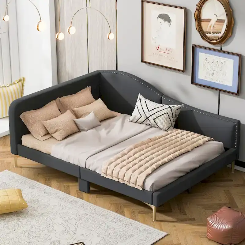 Grey Full Size Upholstered Daybed with Armrest