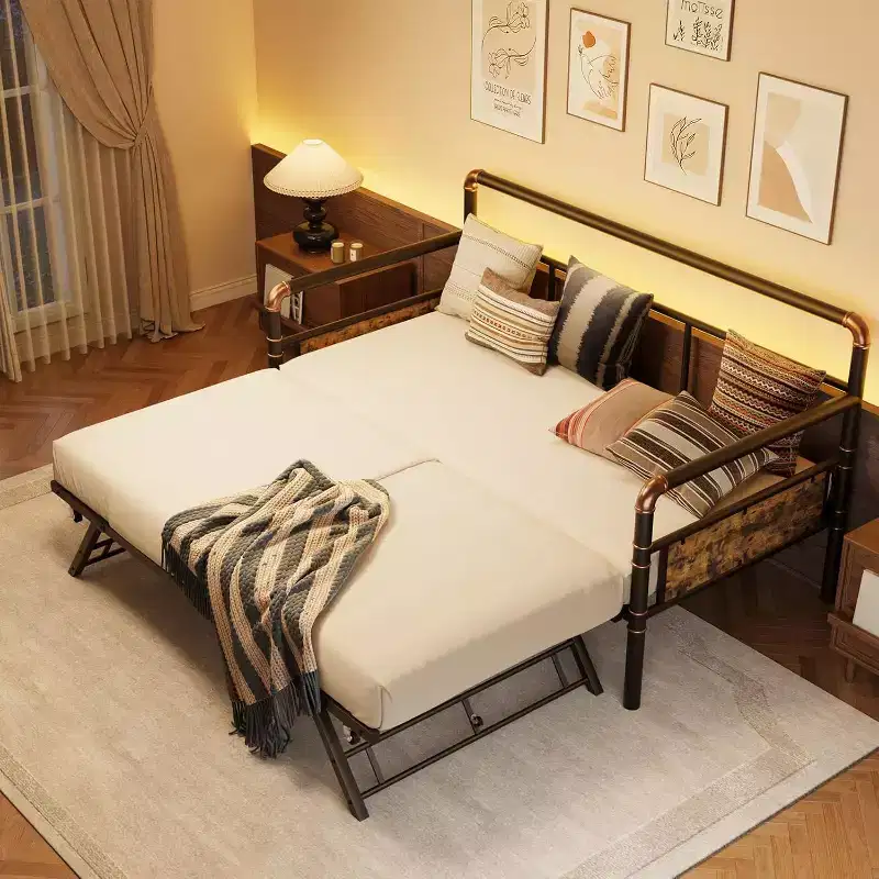 Daybed with Trundle Bed, Twin Bed Frame with Steel Slats, Sofa Bedframe with Strong Supports for Living Room, Bedroom, Brown