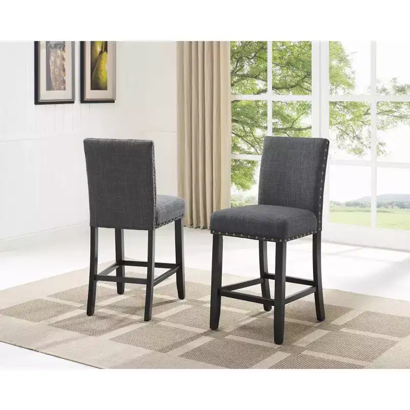 Biony Espresso Wood Counter Height Dining Set with Grey Fabric Nailhead Stools
