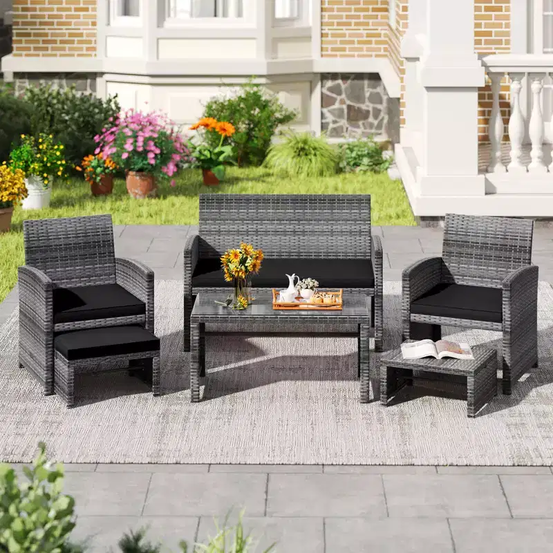 Costway 6PCS Patio Furniture Set Outdoor Sectional Conversation PE Rattan Sofa Set Black/Gray/Navy/Red/White/Turquoise