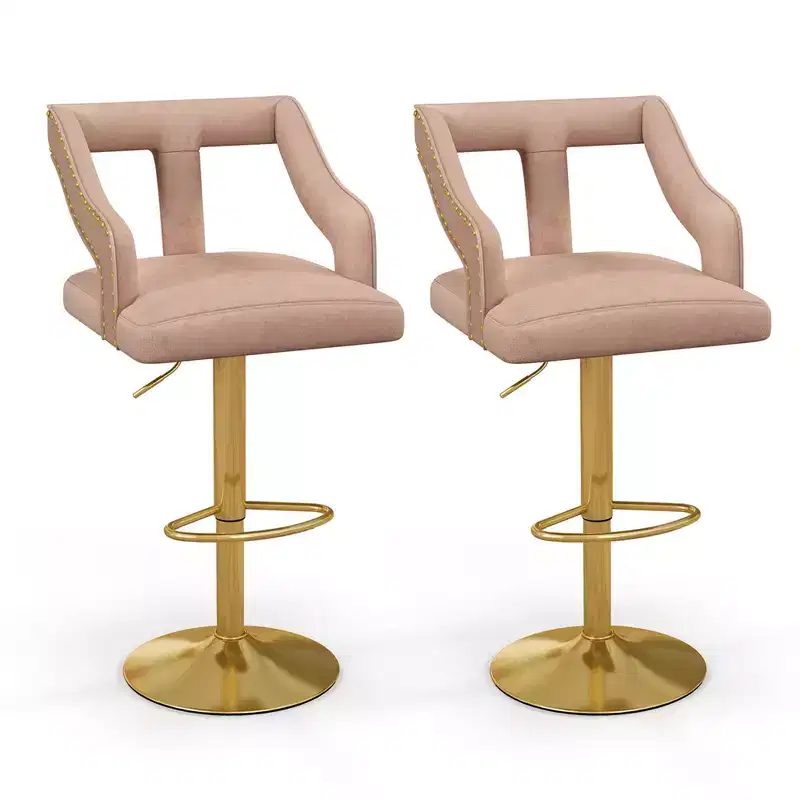 Costway Set of 2 Swivel Bar Stool with Footrest, 2-Layer Electroplated Metal Base Pink