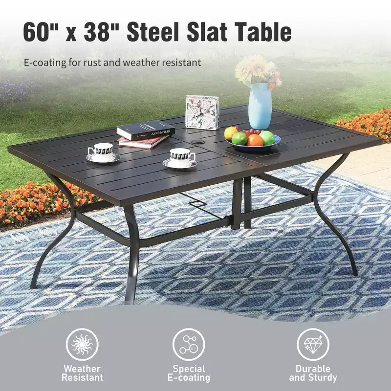 Captiva Designs 7pc Patio Dining Set with Slat-top Rectangle Table & Rattan Metal Fixed Chairs & Swivel Arm Chairs