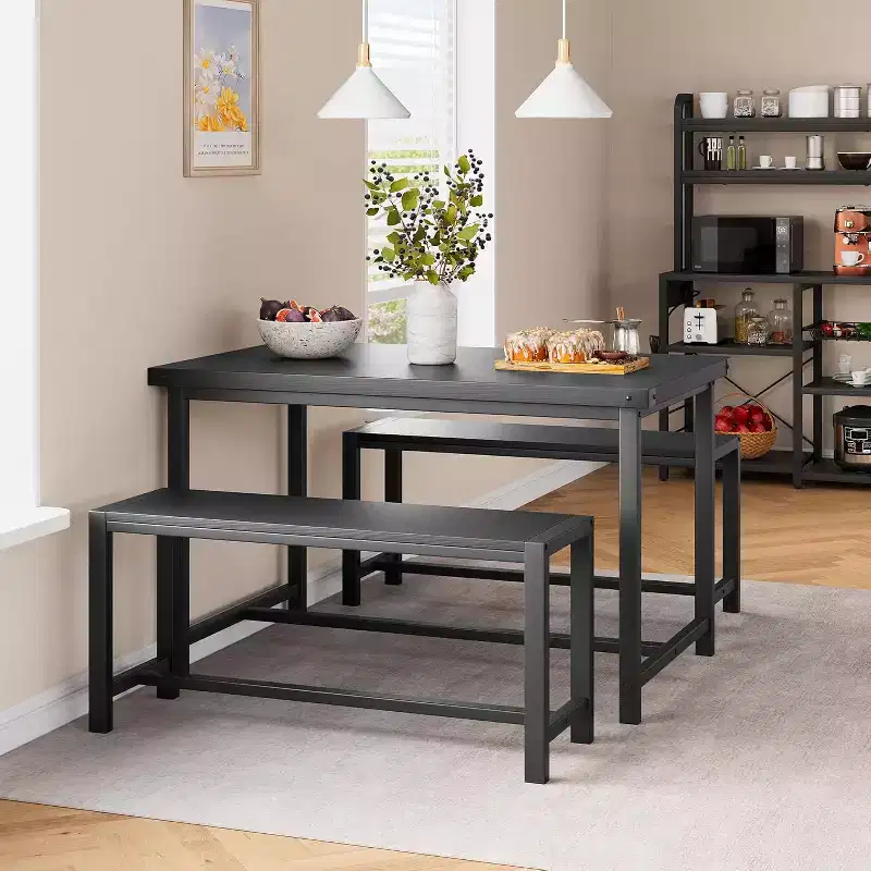 CuisinSmart Farmhouse Dining Table Set for 4 People, 44.4 Kitchen Table Set with 2 Benches, 3 Piece Rectangular Breakfast Table Set