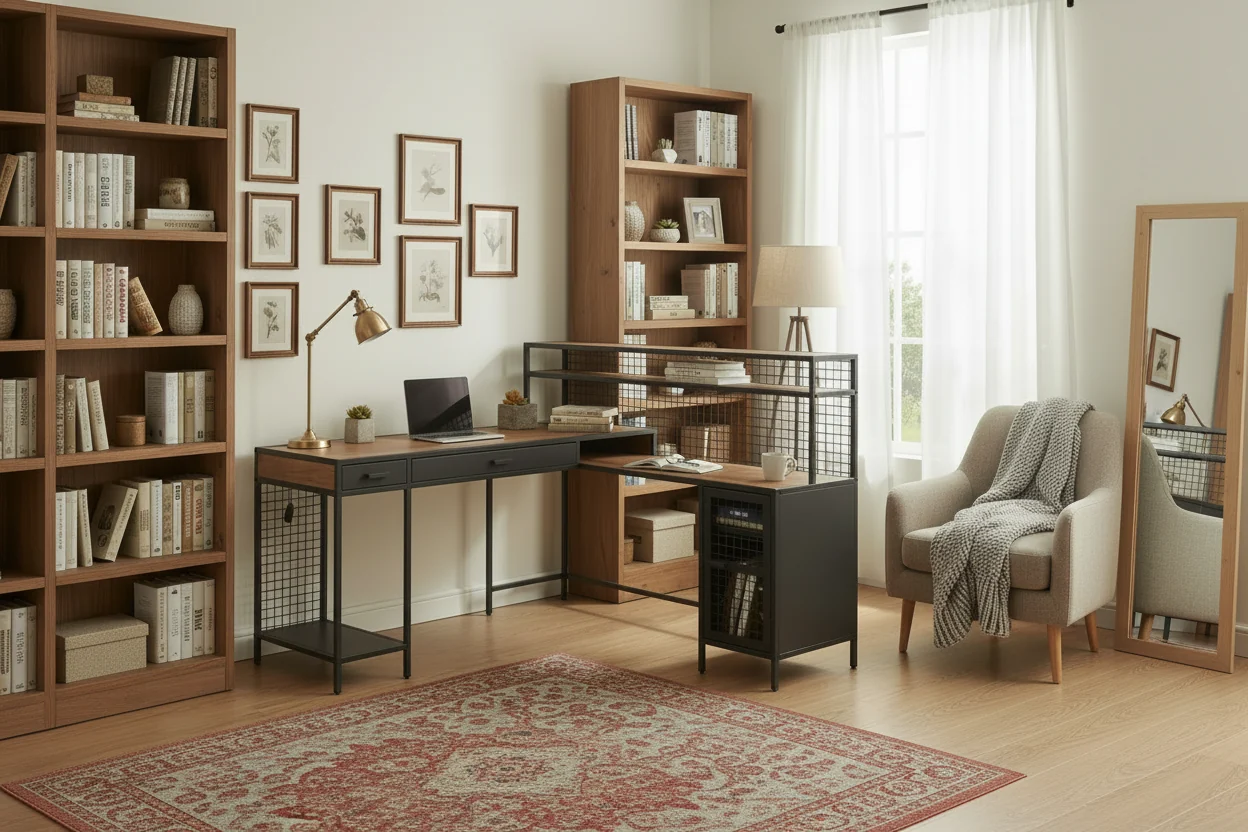 60.67 L-Shaped Office Desk with 2-Drawers & Cabinet - Vintage Oak & Black