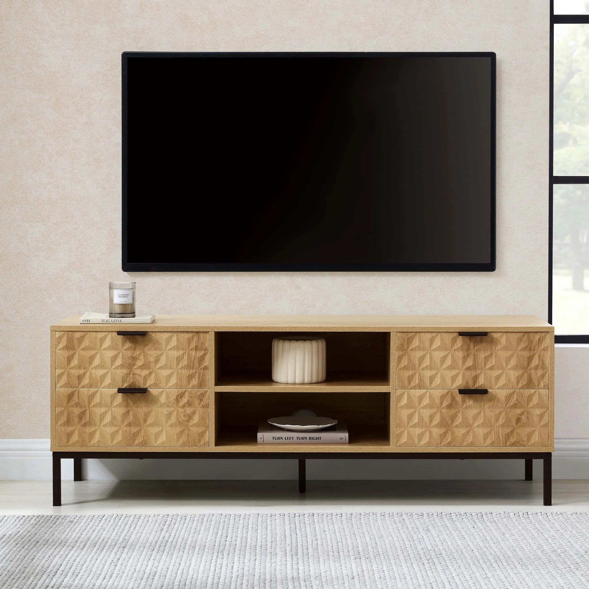 Contemporary Light Wood TV Unit with Geometric Pattern for TVs up to 60 Inch for Living Room