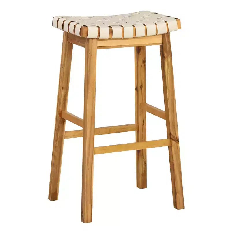 Costway Woven Saddle Stools Set of 2 31'' Faux PU Leather Bar Height Kitchen Stool Black/Beige