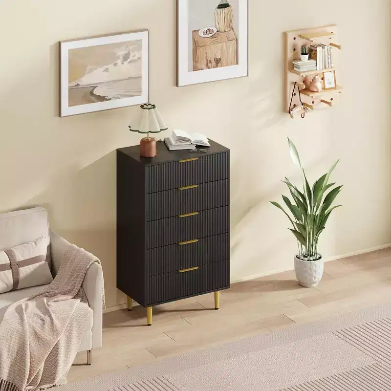 GustoWave Fluted Dresser for Bedroom with 5 Drawers, Wooden Chest of Drawers with Metal Handle & Feet, Natural Dresser for Living Room, Bedroom