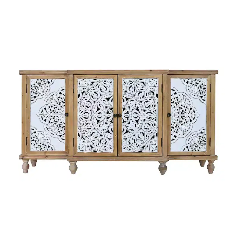 4-Door Hollow-Carved Accent Cabinet, Distressed Wood Storage Cabinet with adjustable shelves,unique design for Kitchen, Dining Room, Natural wood