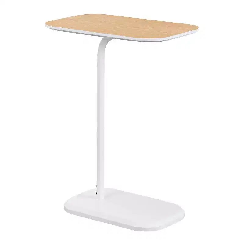 HomeStock Belmont Light Oak C Shaped End Table with Woodgrain Veneer Finish, Slide Under Sofa or Bed, Modern Accent Side Table with Metal Base