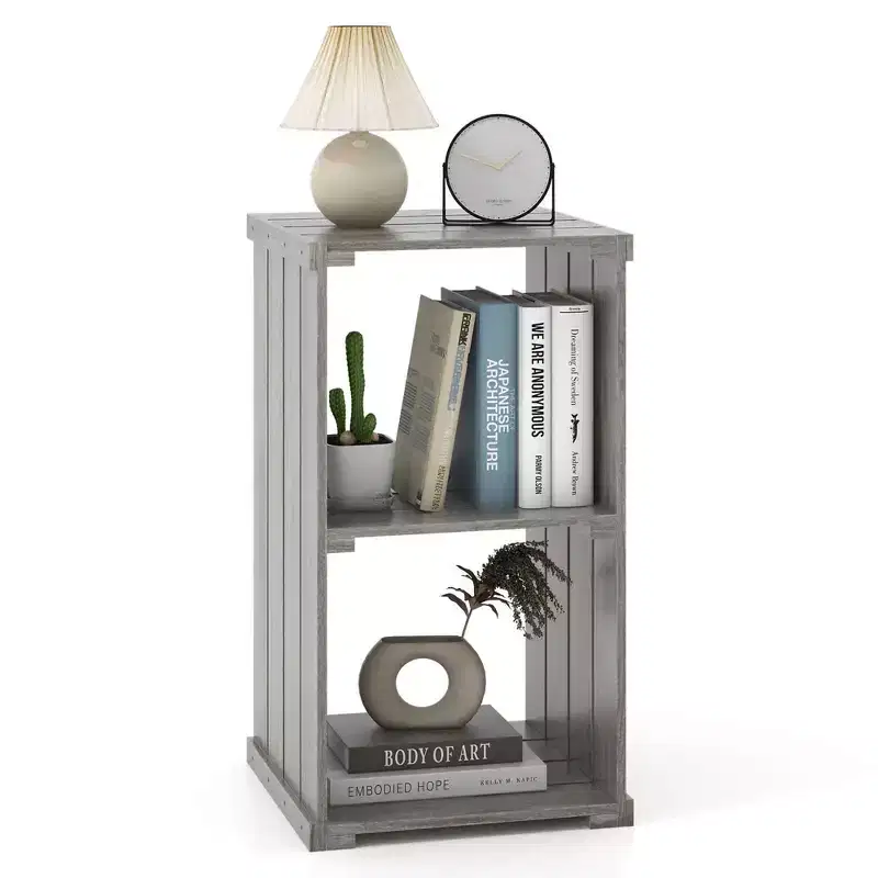 1/2 PCS 2-Cube Storage Shelf Slatted Paulownia Wood Cubic Organizer with Open Back Gray