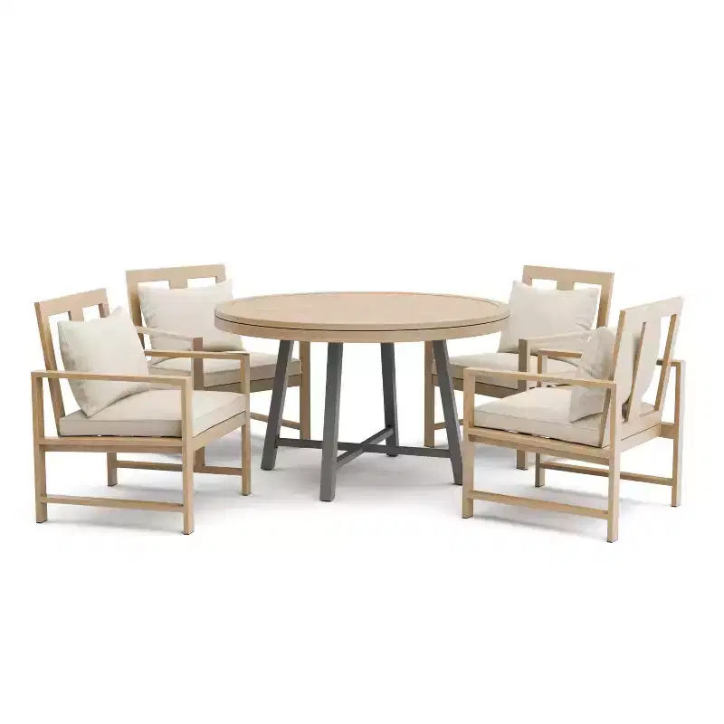 Greemotion 5pc Lyon 3-in-1 Outdoor Convertible Patio Dining Set with Arm Chairs Brown: Modern Aluminum & Teak Table, UV-Resistant