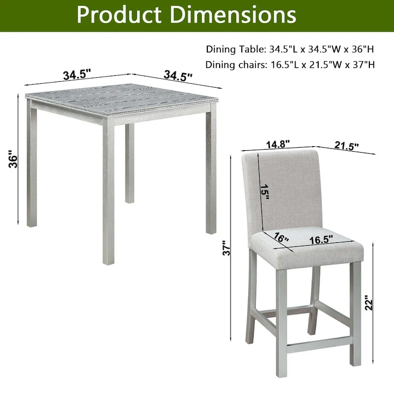 Modern 5-Piece Dining Set with Square Counter Height Table & 4 Upholstered Chairs