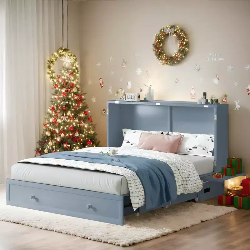 Mjkone Queen Size Murphy Bed Cabinet with USB Charging, Storage Drawer & Mattress