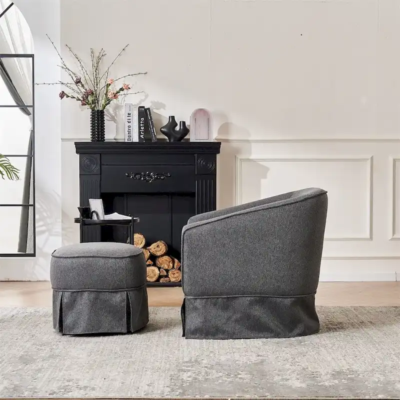 Swivel Barrel Chair with Ottoman and Black Metal Base