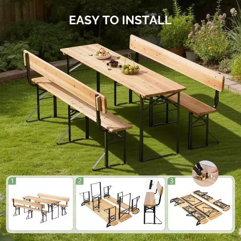 Karl Home Rectangle Wood Picnic Table Iron Frame With Backrest Bench Seats