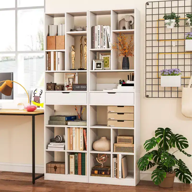 Costway 2PCS 71 Tall Bookcase w/ Drawer Modern Bookshelf w/ 10 Open Cubes Display Rack