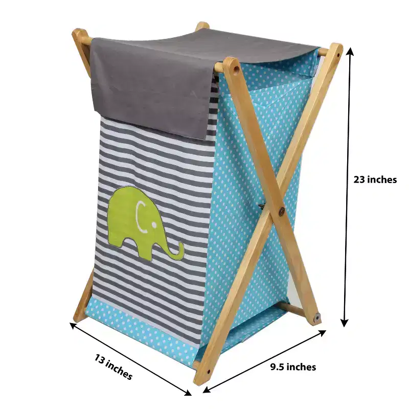 Elephants Aqua/Lime/Gray Kids Laundry Hamper with Wooden Frame