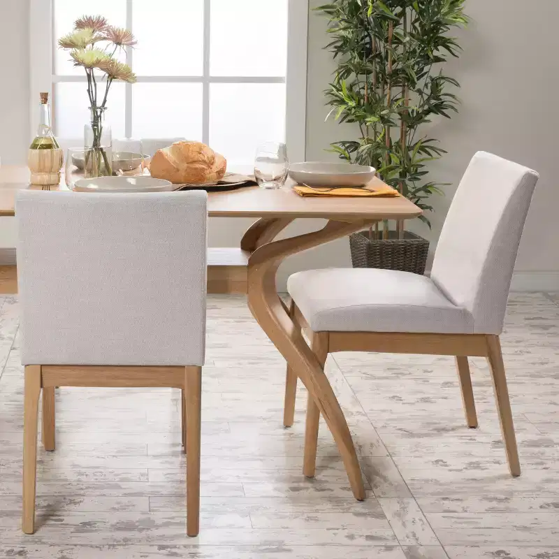 Okak Set of 2 Modern Dining Chairs, Fabric Dining Room Chairs, Upholstered Kitchen Side Chairs with Curved Backrest & Metal Frame