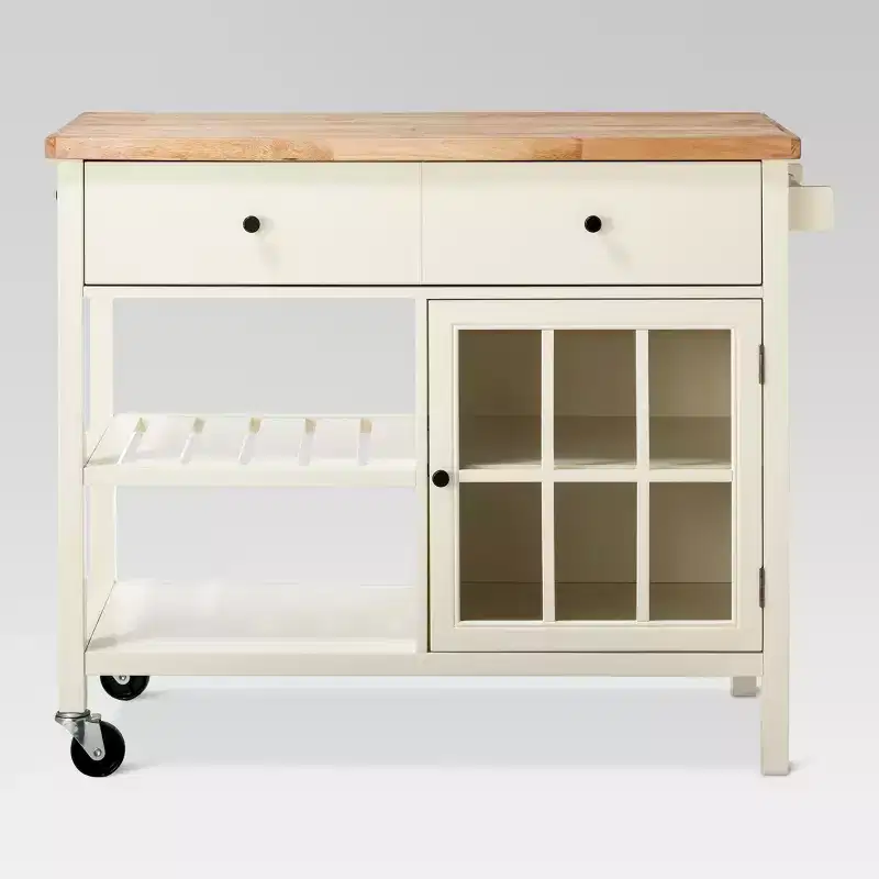 Windham Wood Top Kitchen Island Off White - Threshold™ (Assembly required): Pine & Rubberwood Frame, Storage Cart with Casters