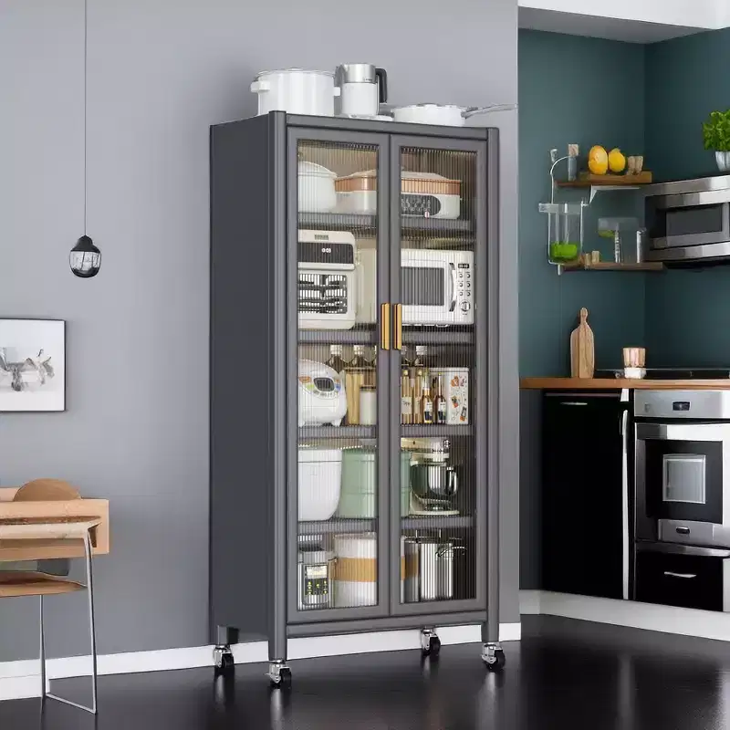 Grey Multi-Level Kitchen Storage Shelf with Doors & Casters