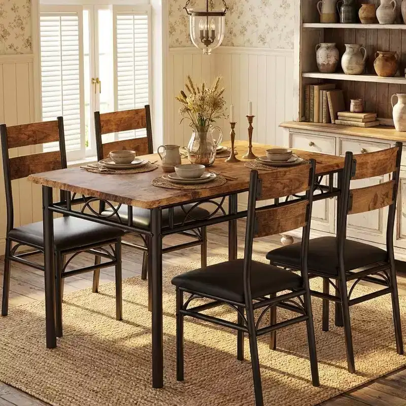 Garvee 5 Piece Dining Table Set for 4, Wooden Industrial Rectangular Kitchen Dinner Table w/ 4 Upholstered High Back Chairs Set