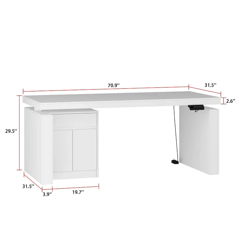 White Height-Adjustable Desk with Side Cabinet, 70.9