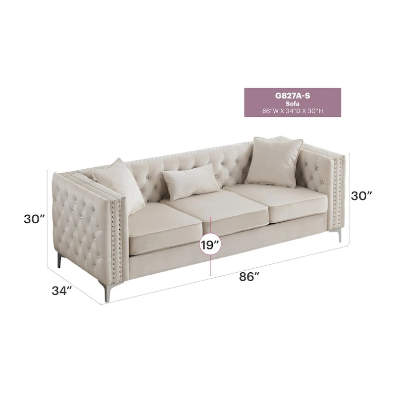 Paige 86 in. Tufted Velvet 3-Seater Sofa with 2-Throw Pillow - 86L x 34W x 30H