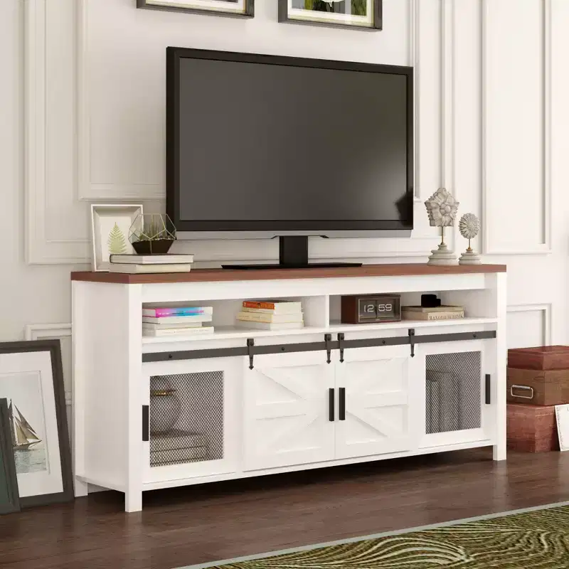 Farmhouse TV Console with Sliding Barn Doors Industrial-Style Media Cabinet with Storage Suitable for Living Rooms, Kitchens, and Dining Areas