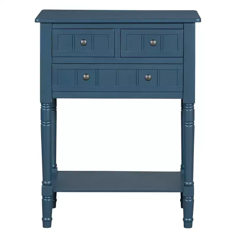 Narrow Console Table, Slim Sofa Table with Three Storage Drawers and Bottom Shelf (Dark Blue)
