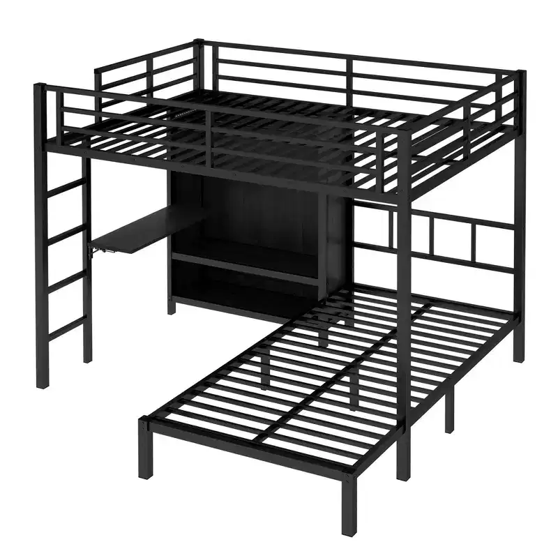 Bellemave Full XL Over Twin Metal Bunk Bed with Folding Desk, Closet with LED ,Space-Saving/Noise Reduced, Black