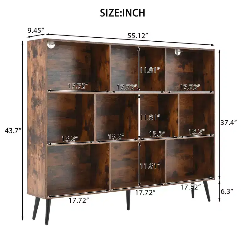 Wooden 3 Tier 10 Cube Bookshelf with 5 Iron Legs for Home Office, Living Room, Bedroom