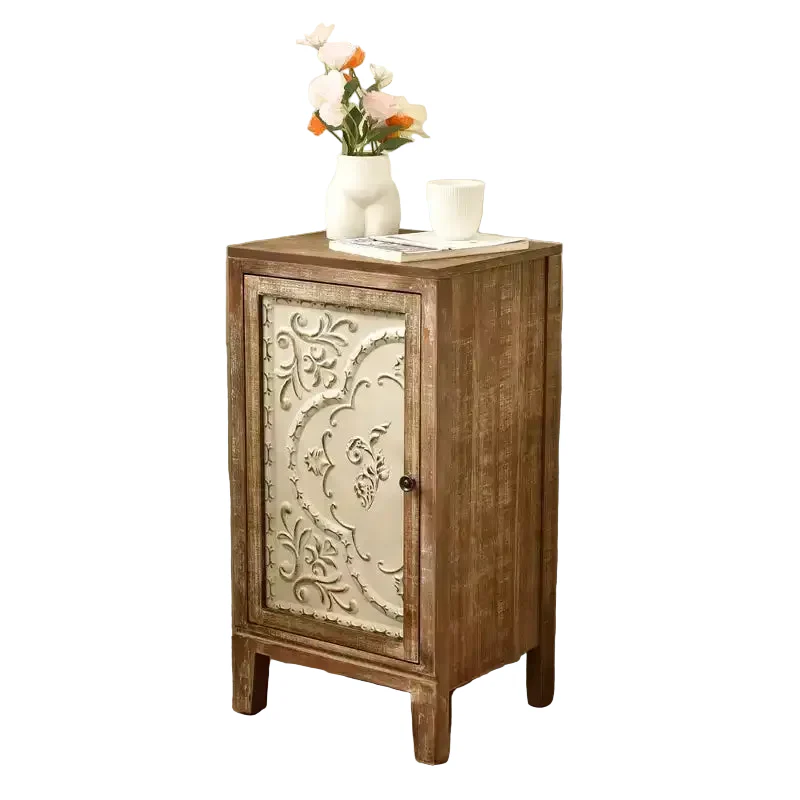 Vintage Florentine End Table with Floral Door Panel, 16.5 x 14 x 31 Inches, Indoor Storage Cabinet, Natural and Cream Finish