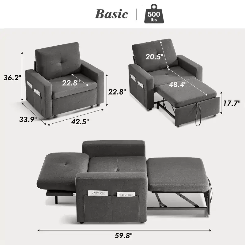 42.5 Inch 3-in-1 Sleeper Chair Bed, Convertible Sofa Chair with Pull Out Bed, Adjustable Backrest, Side Pockets