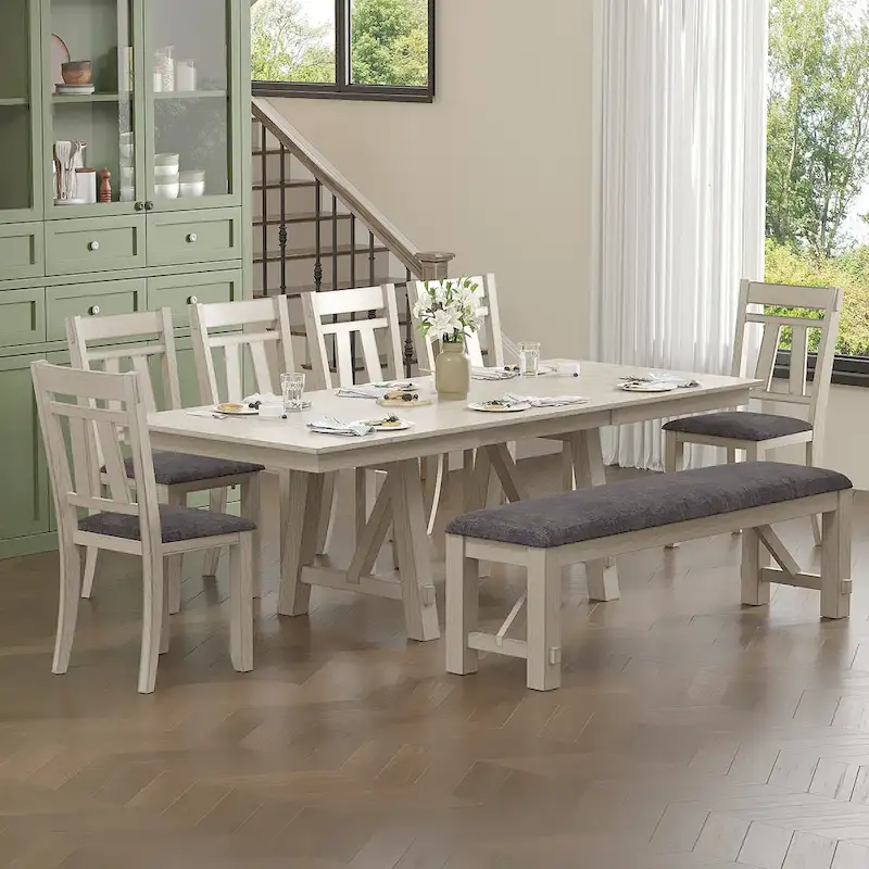 VECELO Dining Table Set with Bench, Solid Wood Rectangular Extendable Dining Table & Solid Wood Dining Chairs