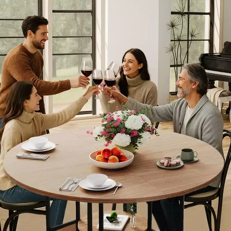 Round Dining Table for 4-6 People - Modern Farmhouse Wooden Circle Kitchen Table with Storage Shelf, Waterproof Tabletop Breakfast Nook Furniture