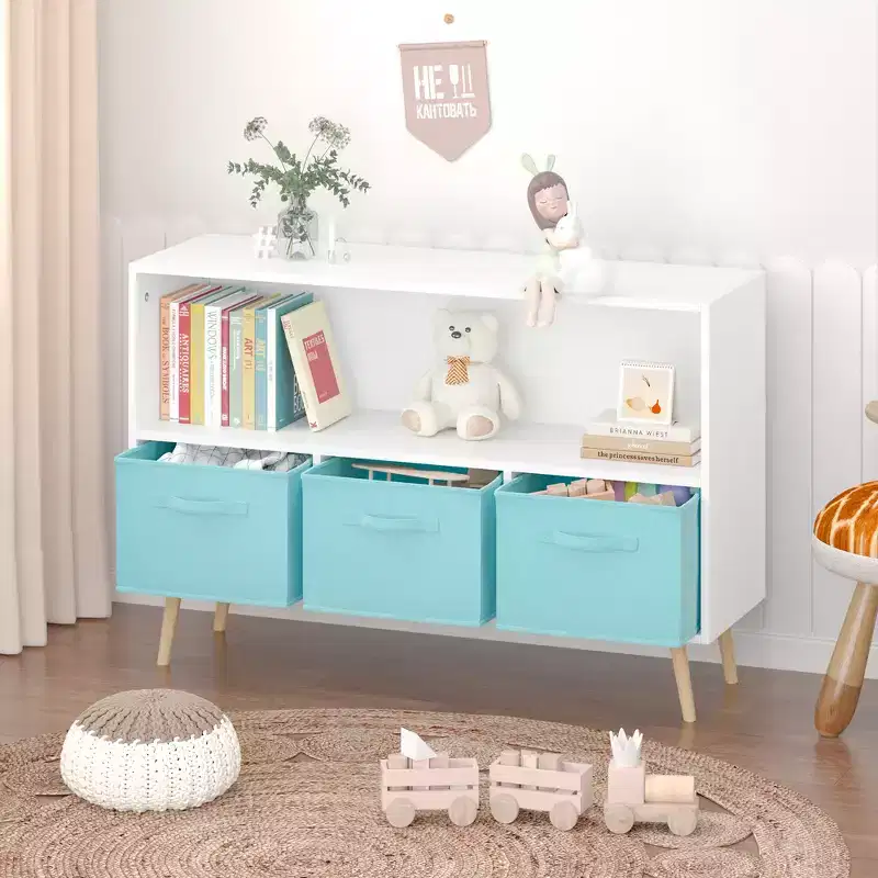 Whisen Kids Bookshelf with 3 Cloth Drawers, Multi-Purpose for Books/Toys, Wall-Mounted Safety Buckle, High-Density MDF