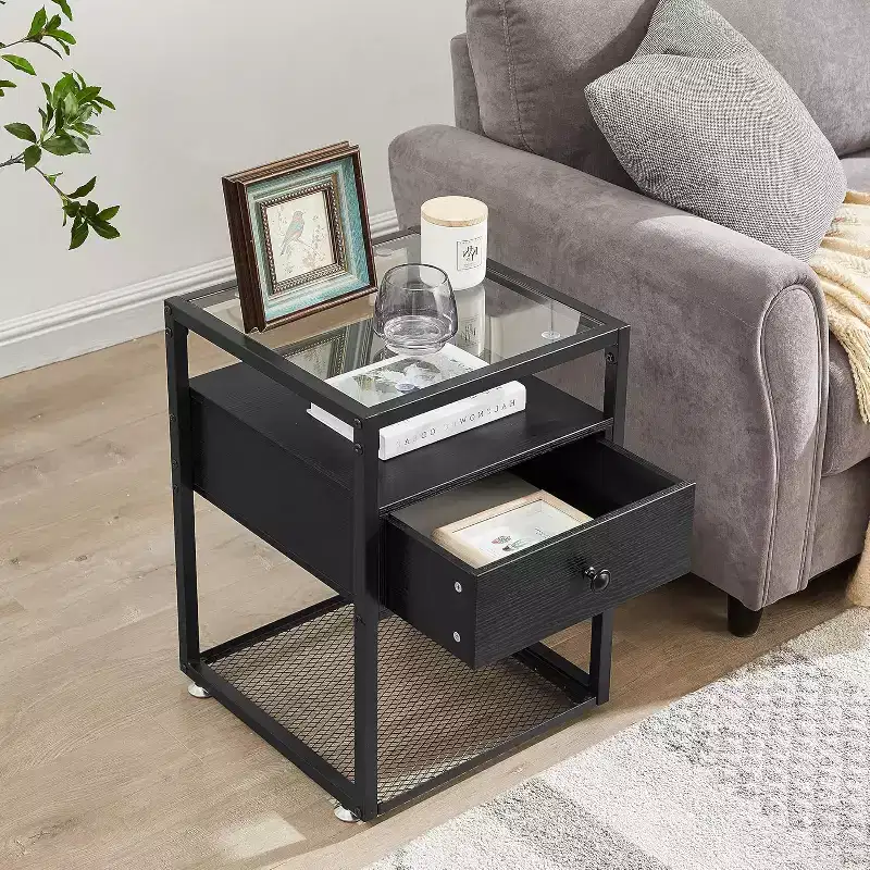 VECELO 1/2 PCs 3-tier Nightstand Glass Top Side End Table with Drawer & Open Shelf Brown/Black
