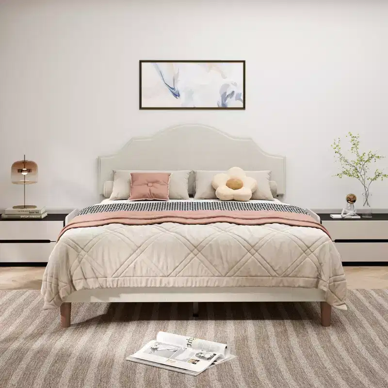 Bellemave Queen Upholstered Platform Bed with Adjustable Headboard and Linen Fabric Padded,Upholstered Platform Bed Frame for Bedroom,Beige