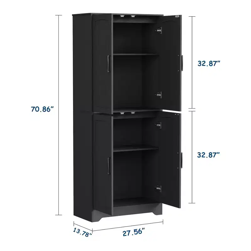 Farmhouse Kitchen Pantry Cabinet, Freestanding Cupboard, Adjustable Shelves, 4 Doors, for Living Room