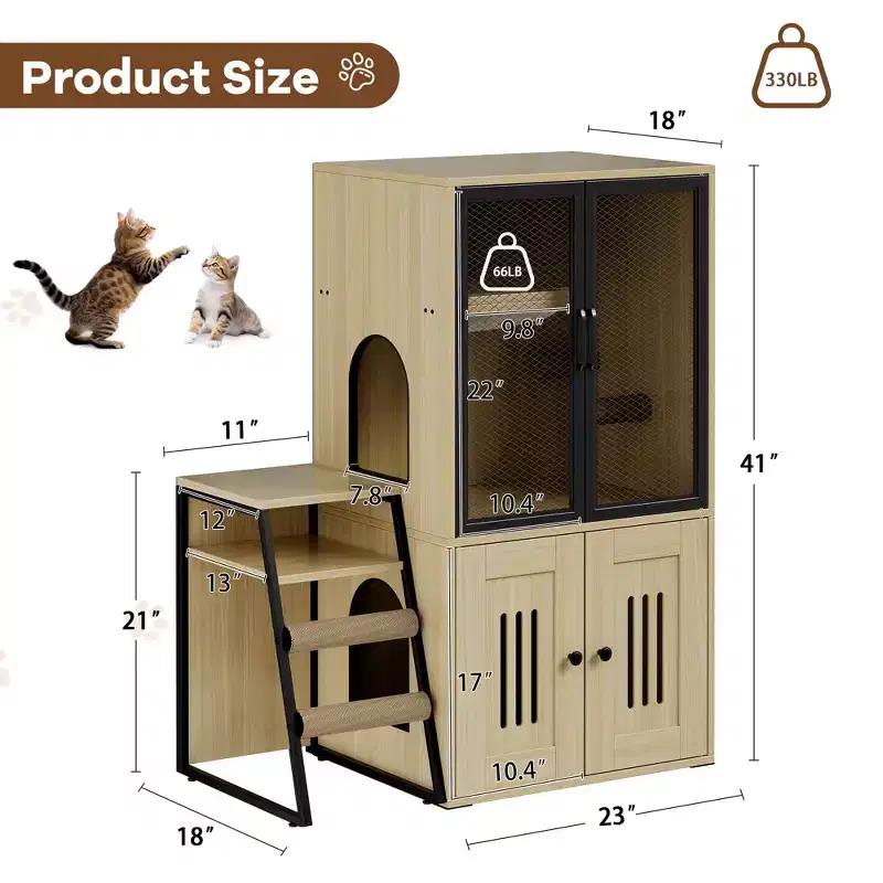 GustoWave Cat Litter Box Enclosure Furniture, 2 in 1 Hidden Double Cabinet Enclosed Litter Box with Ladder Wooden Cat Furniture